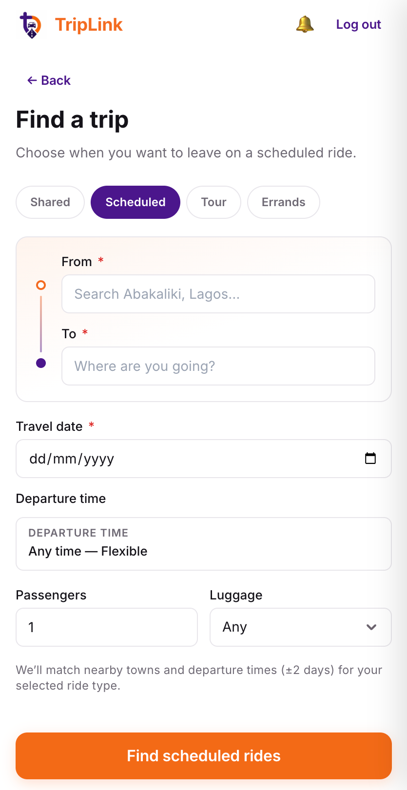 TripLink Discover trips screen